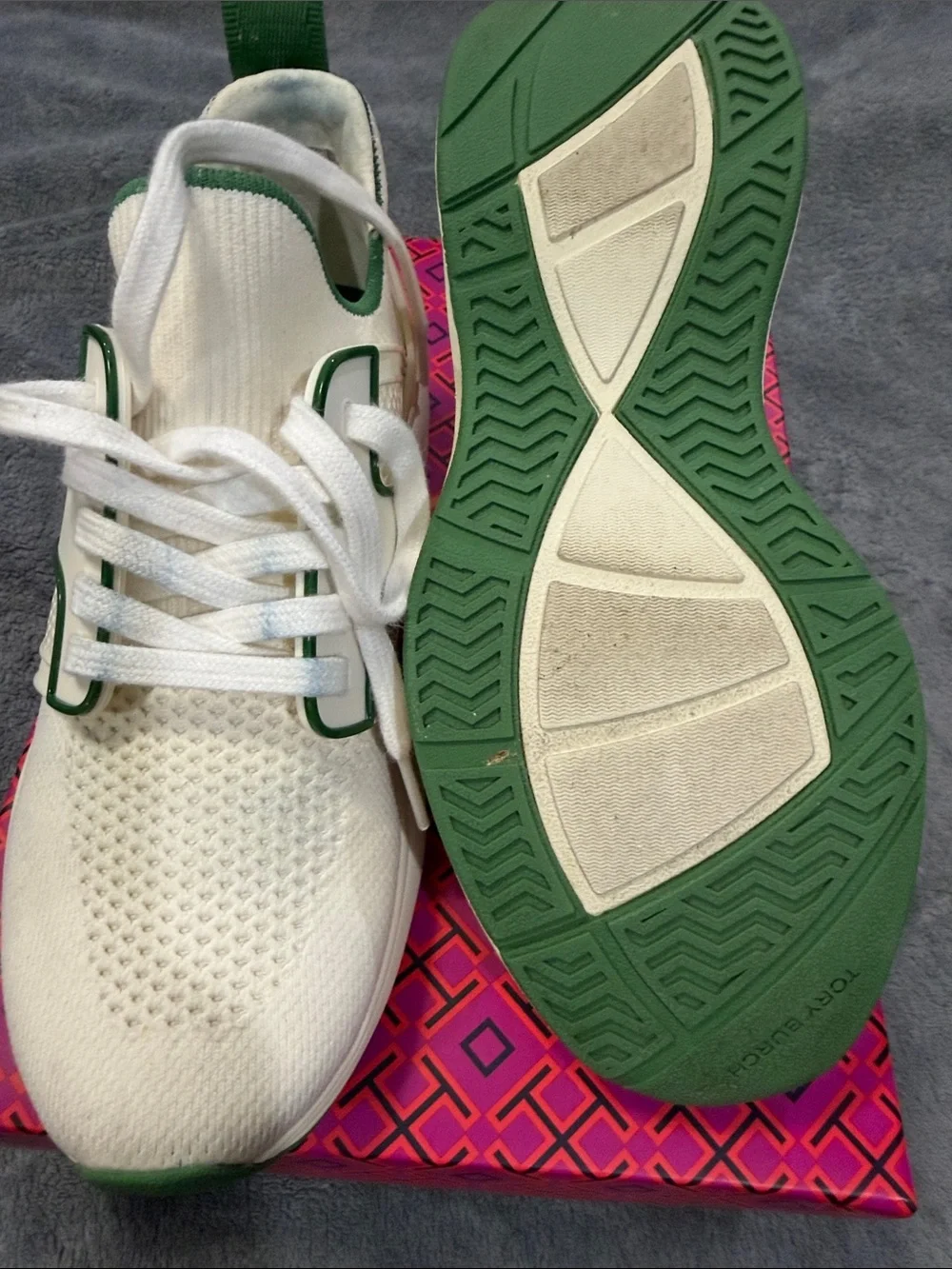 Tory Burch Ivory Knit Sneakers with Green Accents